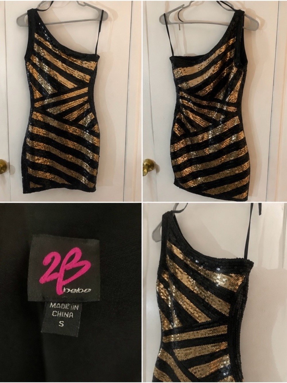 bebe Black Gold Sequin One Shoulder Bodycon Mini Dress Small - Picture 3 of 8